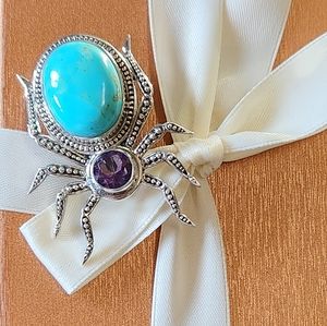 NICKY BUTLER 925 Sterling Silver Turquoise Amethyst Spider Brooch Pendant NB 🕷